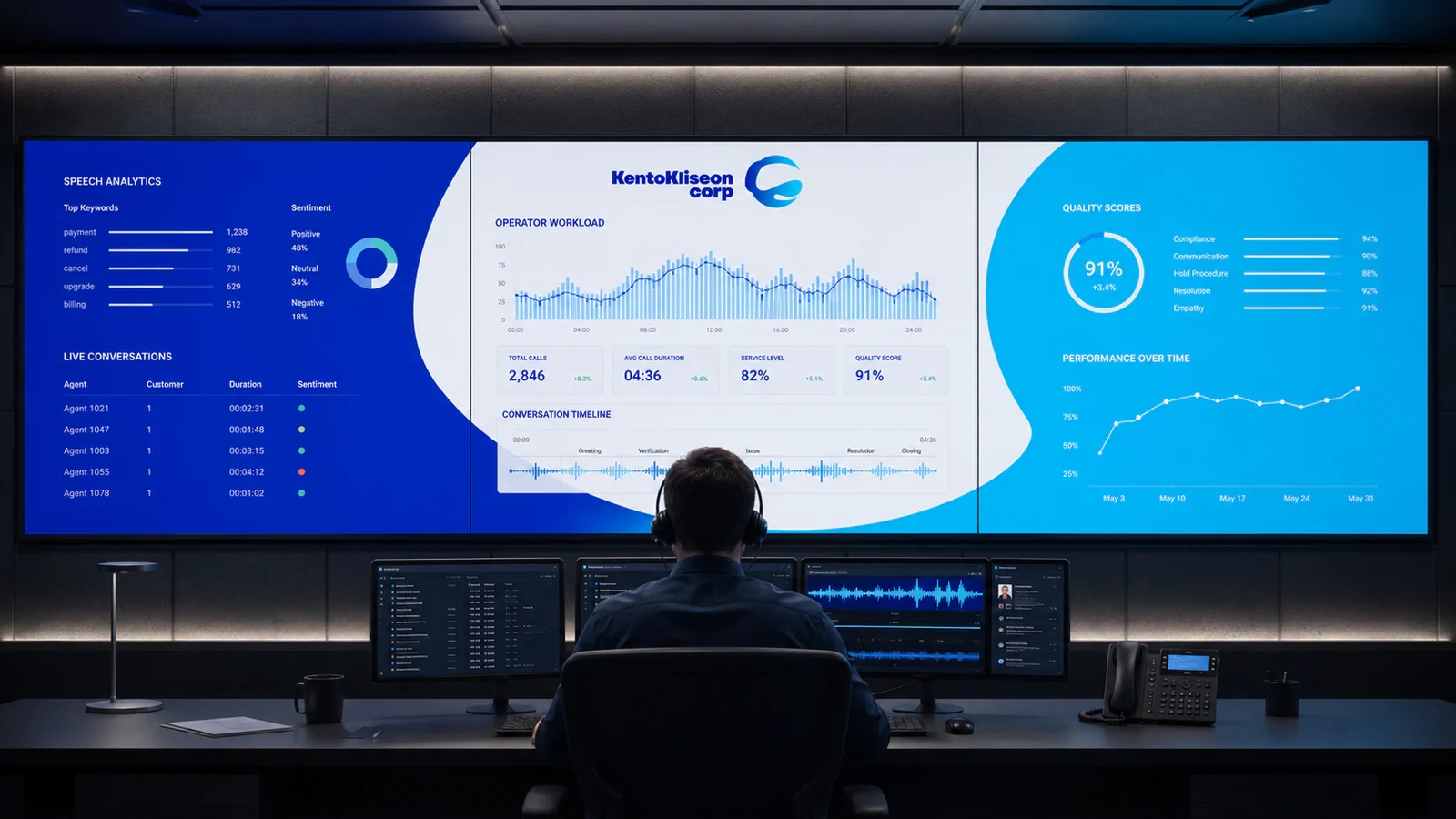 Оператор Kentokliseon перед экраном речевой аналитики