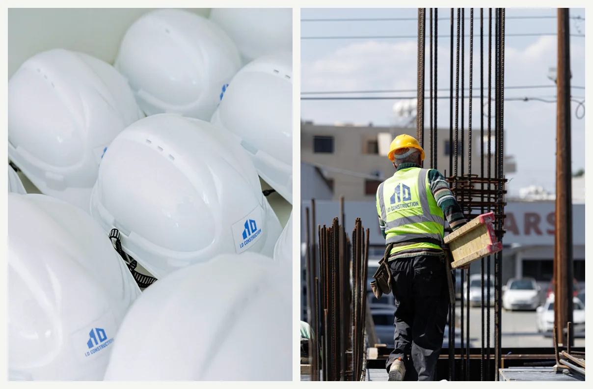 Слева белые каски с логотипом I.D Construction, справа сотрудник на стройке в сигнальном жилете с тем же знаком.